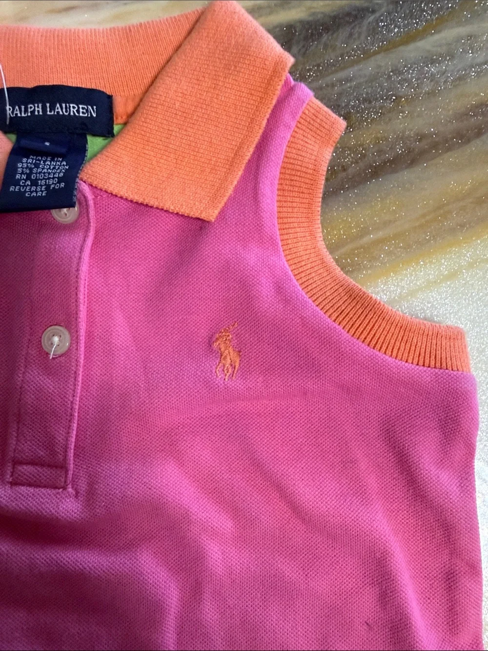Ralph Lauren Pink Color Block Sleeveless Polo Tank with Coral Trim & Green back